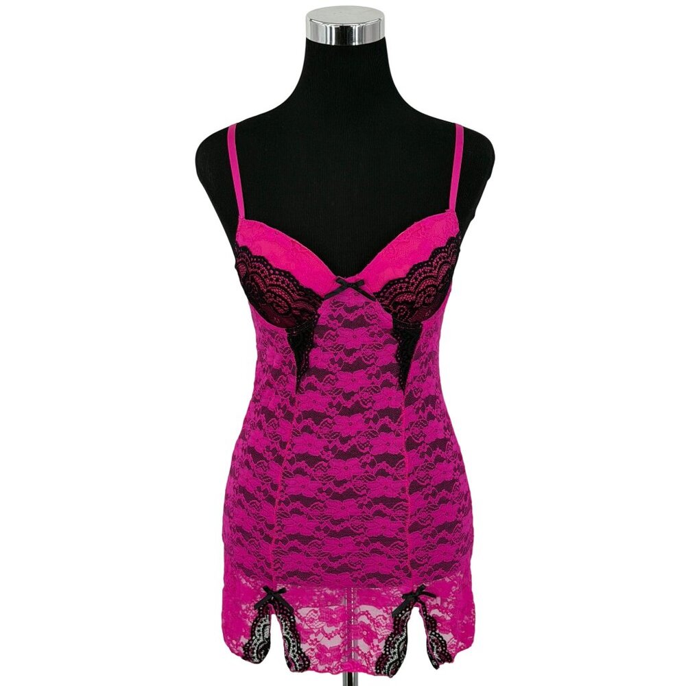 Hot Pink & Black Lace Push-Up Mini Slip Dress Lingerie M| Y2K Barbiecore Boudoir - Picture 2 of 13
